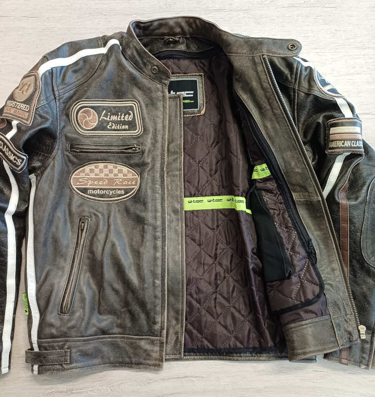 Pánská kožená moto bunda W-TEC Sheawen s chrániči, hnědá/černá vintage - vel. L