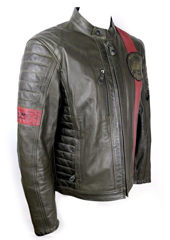 Nová kožená bunda Black-Cafe London Paris, olivová/červená - vel. 54 (XL)